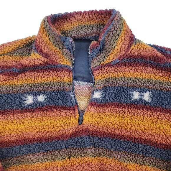 Yellow Striped Sweater Womens Medium Faux Fur Fuzzy Cropped Blue Western Boho - Picture 7 of 14